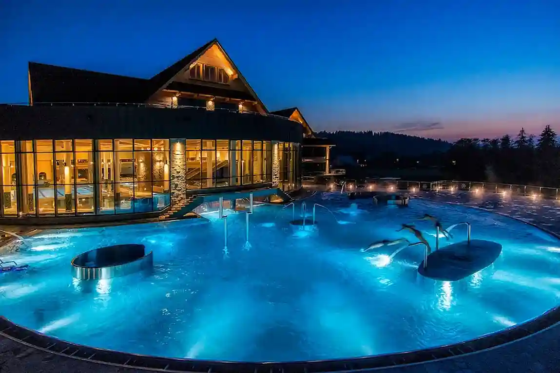 Duży basen otoczony budynkiem, z dodatkowymi strukturami w tle, położony w miasteczku uzdrowiskowym w nocy. Scena obejmuje drzewa i odbija niebieskie odcienie w wodzie.