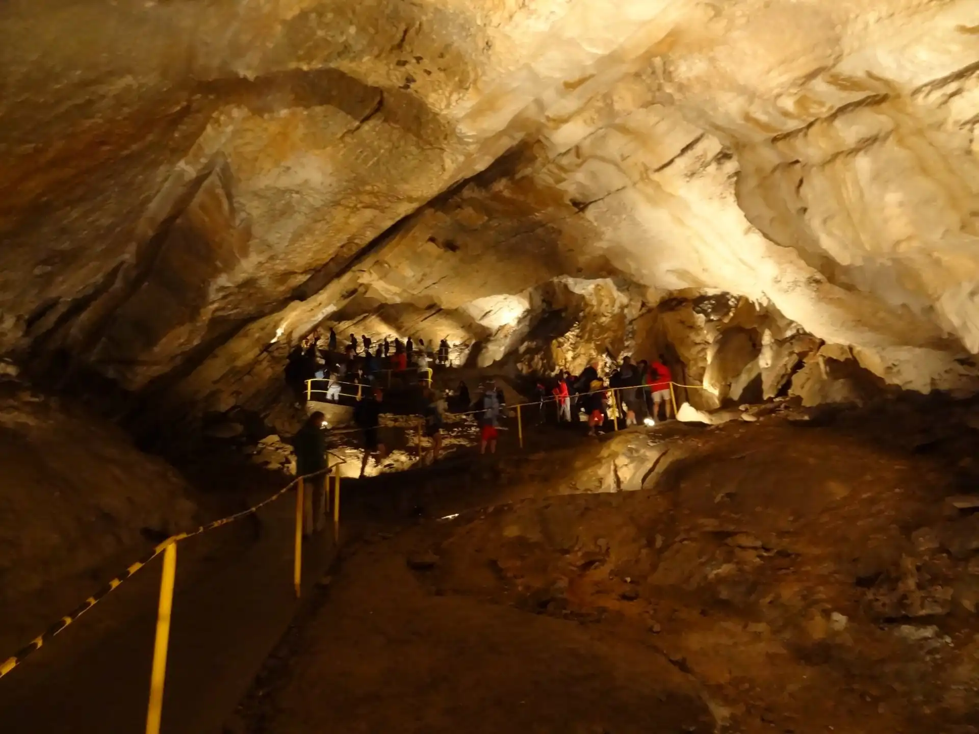 Ciemne wnętrze jaskini z licznymi stalaktytami zwisającymi ze stropu i stalagmitami wyrastającymi z podłoża, ukazujące naturalne formacje skalne.