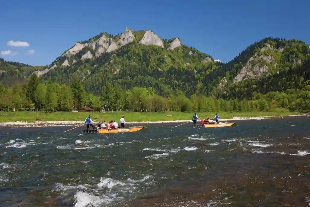 Grupa ludzi wiosłujących w kajakach na rzece otoczonej drzewami i górami pod bezchmurnym niebem.